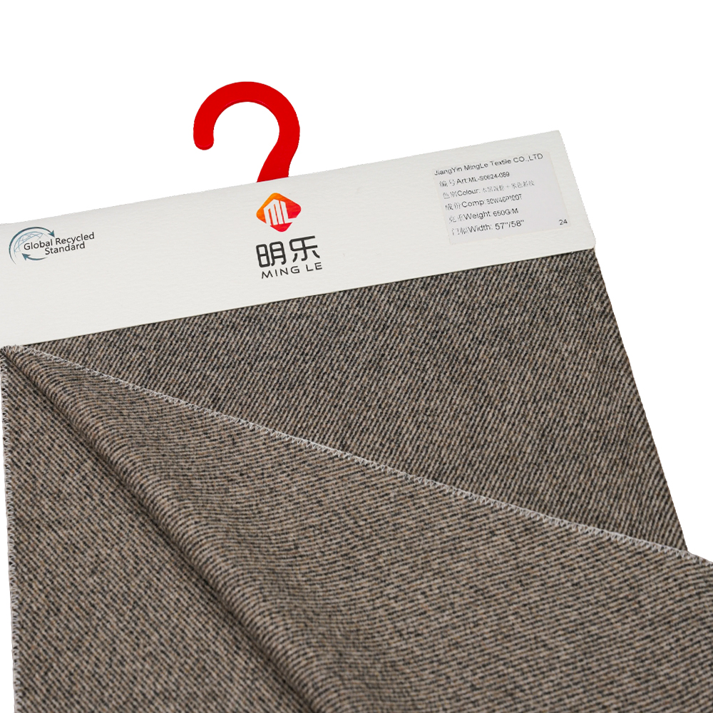 50% Olann, 40% poileistir, 10% Snáithín Eile, 650G/M, Donn Measctha Dubh + Beigetwill, Fabraic Melton, ML-S0624-089